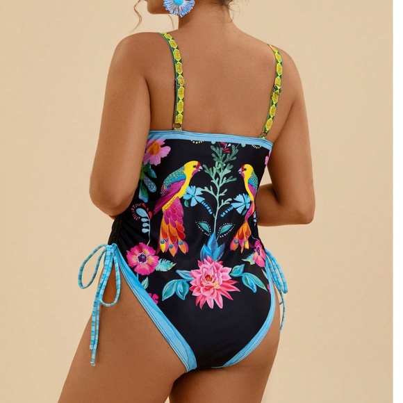 Plus Colorful Floral Animal Print Side Tie Monokini One Piece Swimsuit - Picture 6 of 8